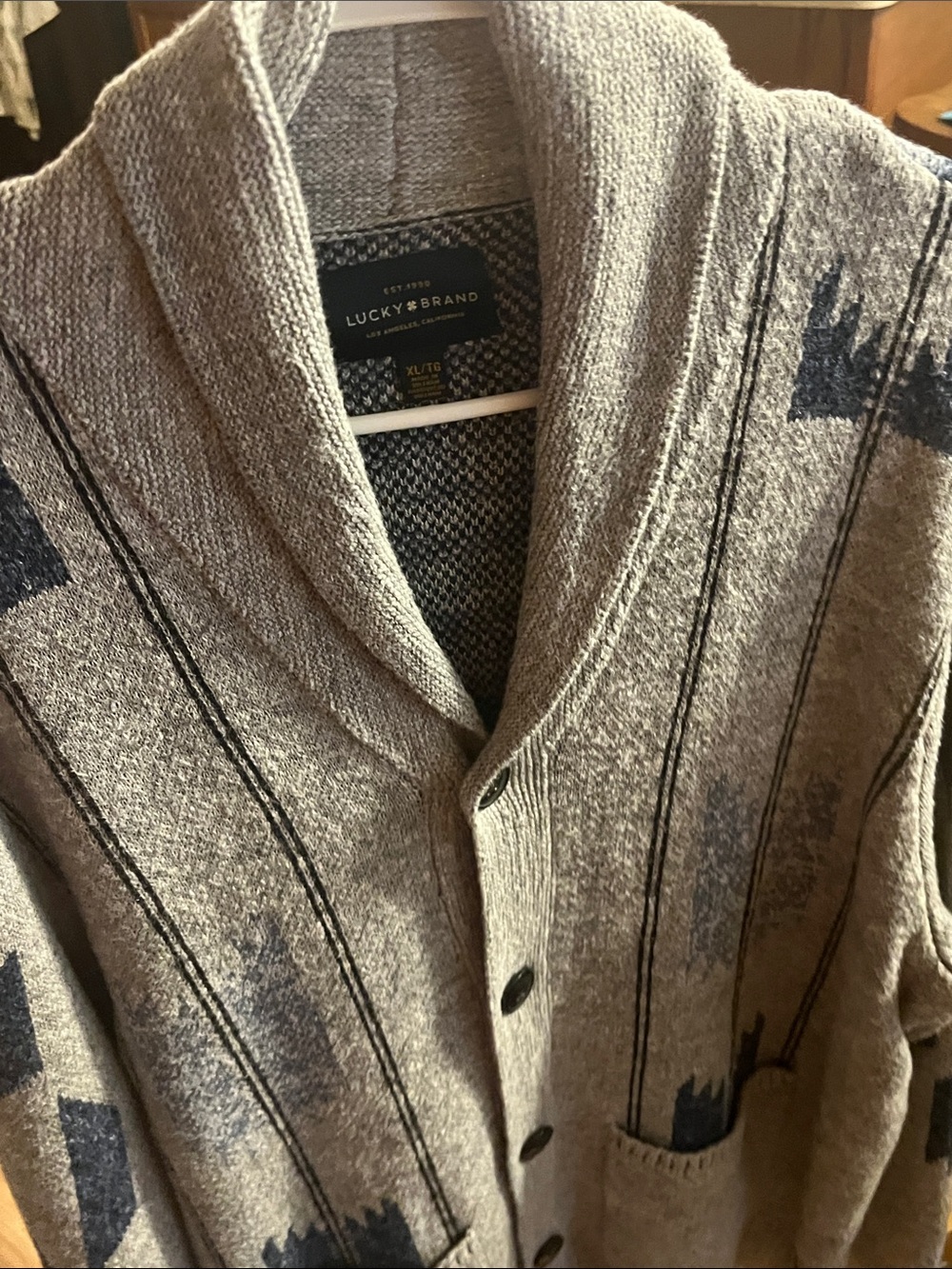 Lucky Brand Gray Cardigan with Navy Aztec Accents